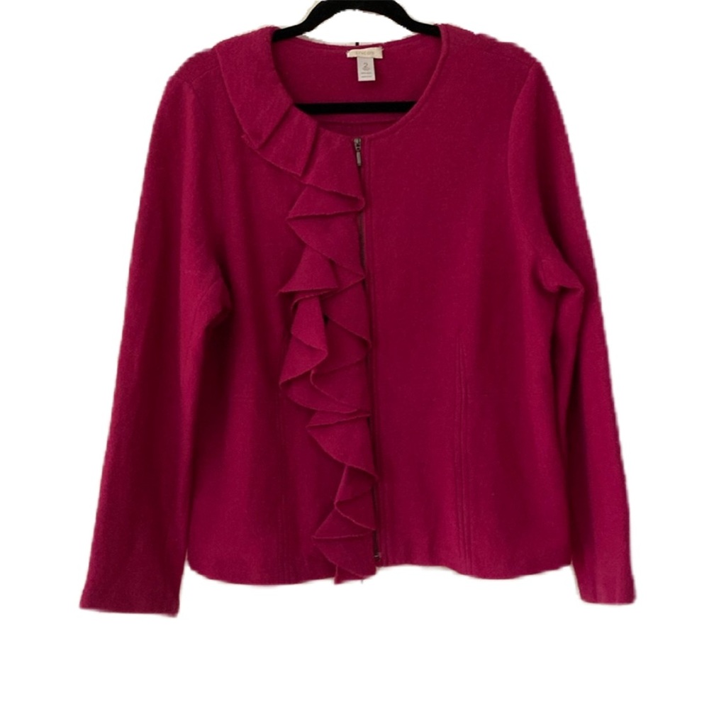 Chico’s Size 2 Magenta Dark Pink Wool Ruffled Zip Cardigan Sweater Chicos Large